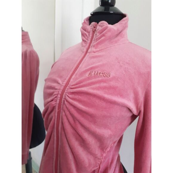 Y2K Guess Jeans Authentic FullZip Cinched Velour Preppy Girl Pink Hoodie Small - Picture 5 of 12